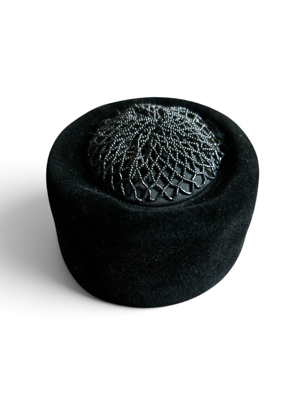 Vintage 1950s Crowley's Black Felt Hat Beaded Cocktail Pillbox Womens Size 22